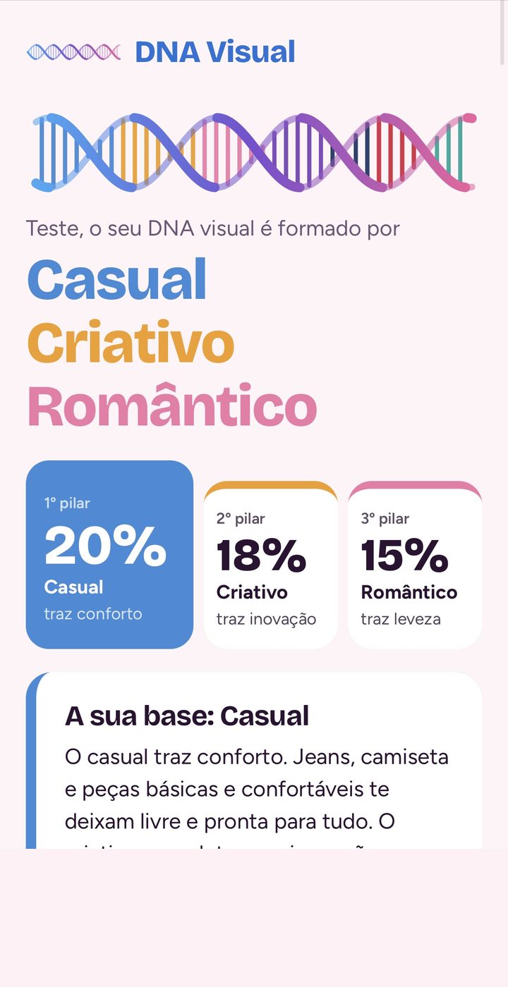 Resultado do teste mostrando os 3 pilares com a porcentagem de cada estilo