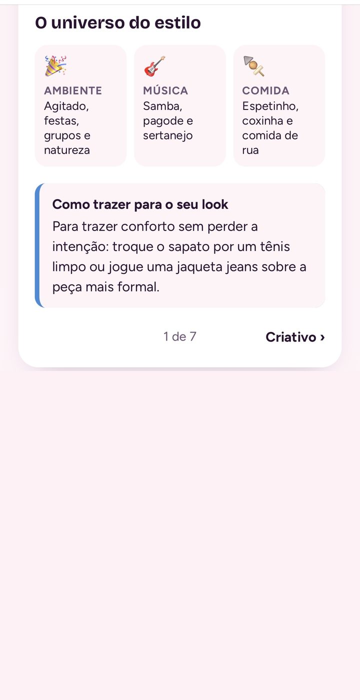 Tela do resultado: O universo do seu estilo